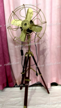 Antique Brass Pedestal Floor Fan Vintage Style With Wooden Tripod Stand Decor - £176.59 GBP