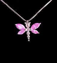 16&quot; Sterling  Dragonfly necklace - Pink Topaz butterfly pendant - Gardener gift  - £99.91 GBP
