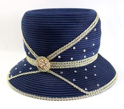 Vintage JACK MCCONNELL Designer Navy Blue Rhinestone Church Derby Bubble Hat - £141.77 GBP