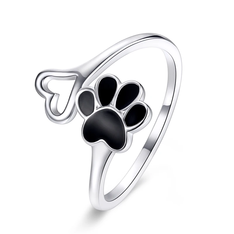 925 Sterling Silver Paw Dog Footprint Heart Rings Black Enamel Adjustable Ring F - £20.22 GBP