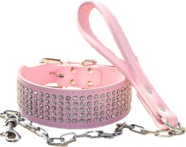 2 Inches Wide Leather Rhinestone Crystal Diamante Jeweled Dog Collar Chain Leash - £26.97 GBP