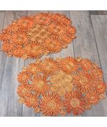 Vintage Placemats raffia Straw jute Boho brown orange daisy sunflower set 2 - €32,57 EUR