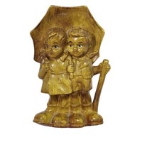 Vintage Child Boy Girl Stormy Weather Umbrella Faux Wood Plastic Figurine 6.5&quot; - £9.74 GBP