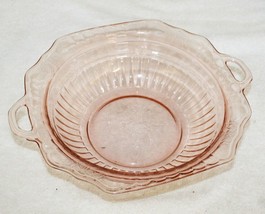 Vintage Hocking Glass Mayfair &quot;Open Rose&quot; Pink Depression Handled Fruit Bowl - £39.83 GBP