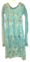 Blue Sheer Floral Dress w/Long Netted Sleeves + Copper Sequins Vintage? ... - £88.61 GBP