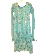 Blue Sheer Floral Dress w/Long Netted Sleeves + Copper Sequins Vintage? ... - $154.29 CAD