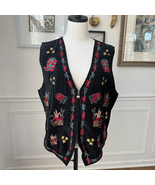 Vintage 90s Cleo Black Velveteen Embroidered Christmas Vest Bell Zipper ... - $23.04