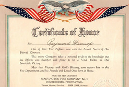 WWII Conshohocken Pennsylvania Fire Fighter Patriotic Certificate Of Honor - £11.80 GBP