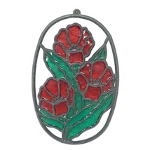 Vintage Stained Glass Style Floral Suncatcher Red Flowers &amp; Green Leaves Oval - $9.85