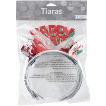 Foil Tiaras 4/Pkg Happy Birthday Assorted Colors - £6.96 GBP