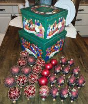 VTG 31pc Burgundy/Gold Christmas Tree Ornament Lot &amp; 12 Days Nesting Box Set - £47.44 GBP