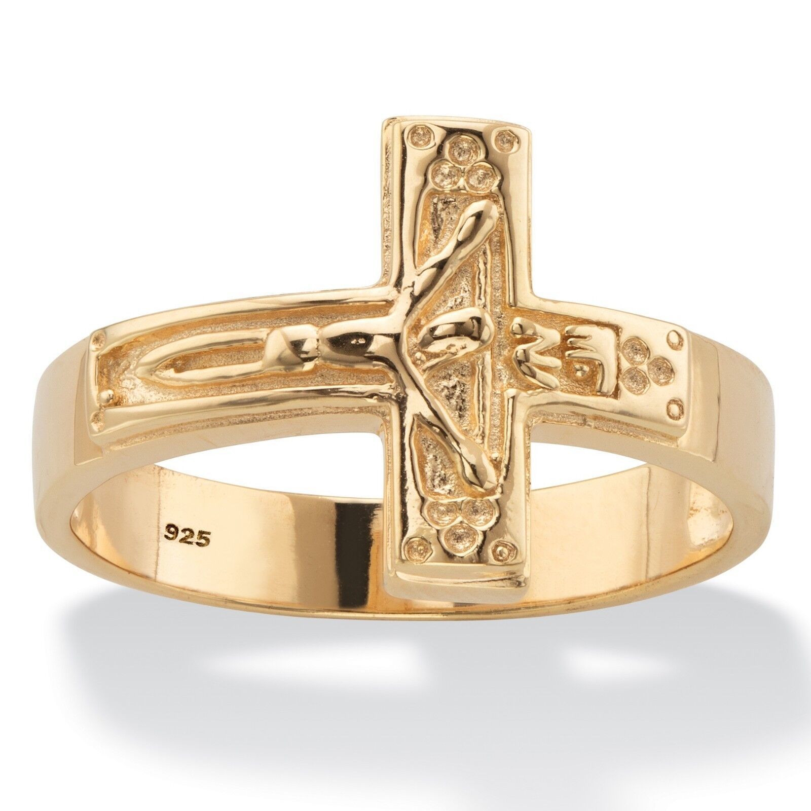 Primary image for MENS 14K GOLD OVER STERLING SILVER CROSS CRUCIFIX RING SIZE  8 9 10 11 12 13