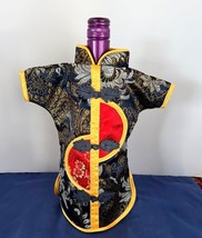 Oriental Asian Wine Sake Bottle Kimono Dress Cover Blue &amp; Gold Print 10.... - $6.92