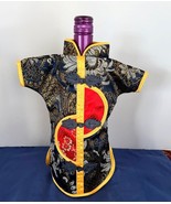 Oriental Asian Wine Sake Bottle Kimono Dress Cover Blue &amp; Gold Print 10.... - €6,00 EUR