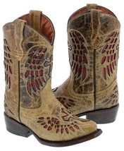 Girls Kids Sand Red Cross Dress Stitched Rodeo Leather Cowboy Boots Snip Toe - $56.99