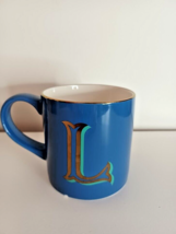 Opalhouse Stoneware Letter L Blue Coffee Mug Monogram Initial L Gold &amp; Teal Cup - £9.06 GBP