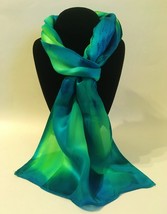 Hand Painted Silk Scarf Lime Green Turquoise Womens Unique Head Neck Wra... - £45.03 GBP