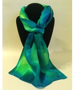 Hand Painted Silk Scarf Lime Green Turquoise Womens Unique Head Neck Wra... - £45.03 GBP