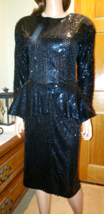 Vtg Sz 8 OLEG CASSINI Black Sequins Peplum Cocktail Dress Glam Bling Sparkle - £55.85 GBP