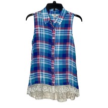 Umgee Sleeveless Plaid Front Button Shirt Dress Hi-Lo Lace Hem Women Small Multi - £15.68 GBP