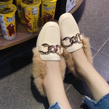 winter warm slip-on long plush square toe metal chain flats loafers luxury furry - £22.51 GBP