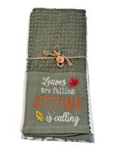 Fall Tea Towel Pair 2 Green Cotton - $8.91