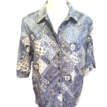 Medium Blue  Coldwater Creek Linen Blouse Shirt Short Sleeve Floral Print - £19.85 GBP