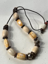 Brown Cord w Chunky Cream &amp; Brown Coconut Shell Disk Bead Necklace – 25 inches - £10.29 GBP