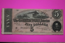 Crisp AU/UNC 1864 Confederate States of America $5 Five Dollars Authenti... - $94.99