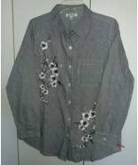 SERENGETI LADIES GRAY/WHITE PINSTRIPE LS BUTTON TOP W/FLORAL DECO-M-NWT-... - $18.99