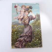To My Valentine Lady and Cupid Vintage Antique Postcard - £11.65 GBP