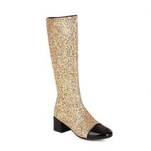 Glitter Stitching Patent Leather Knee-Length Boots Sequined Thick Heel Square To - £62.65 GBP