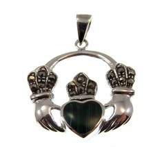 Solid 925 Sterling Silver Marcasite &amp; Malachite Irish Celtic CLADDAGH Pendant - £23.35 GBP