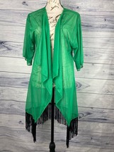LuLaRoe Monroe Kimono Coverup Women S Green Drape Black Fringe Sheer NWT... - $9.00