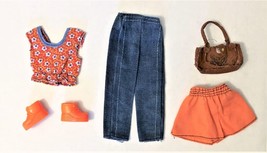 Mattel Barbie 1980&#39;s Vintage Outfit Blue Jeans With Orange Top, Shorts &amp; Purse - £7.59 GBP
