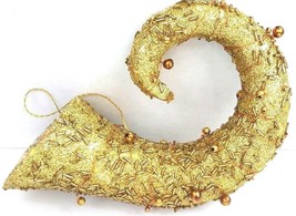 Christmas Gold Glitter &amp; Beaded French Horn Christmas Ornament 9&quot; x 6&quot; NWOT - £13.18 GBP