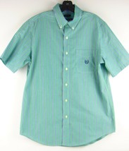 Chaps Green Striped Short Sleeve Easy Care Button Down Shirt M - $20.53