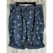 Woman Within Capri Cargo Pants Size 26W Blue Floral Roll Tab Elastic Waist - £15.49 GBP