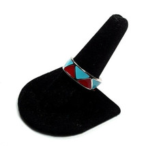 Turquoise Red Enamel Silver Tone Band Ring Size 9.75 EUC - £15.02 GBP