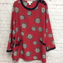 Maggie Barnes Womens Blouse Red Floral Long Sleeve Pockets Plus 32W New - $20.09