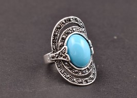 Rhodium Polished Handcrafted Oval Larimar Women Elegant Designer Ring Daily Wear - £17.87 GBP+