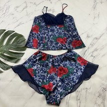 Honors Womens Vintage Satin Pajama Matched Set Size L Blue Floral Lounge... - $25.73