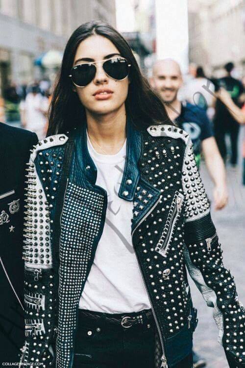 Women Multi Color Full Heavy Metal Steam Punk Silver Studded Real Leather Jacket