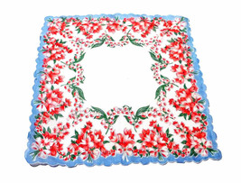 1950s Red Blue Flower Bouquets Handkerchief Ring of Blooms Green Leaves ... - £7.03 GBP