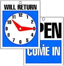 OPEN COME IN &amp; CLOSED WILL RETURN plastic Sign w Hours CLOCK Hang in Doo... - £17.36 GBP