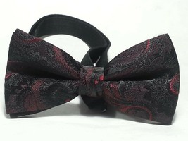 Men Bow Tie Ready To Wear Adjustable Black Red Paisley Print - £7.41 GBP