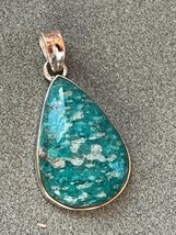 Aqua Green &amp; Light Gray Mottled Teardrop Stone in 925 Silver Frame Pendant – mar - £18.53 GBP