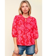 Haptics Full Size Ribbon Bow Floral Balloon Sleeve Blouse - $49.56 CAD