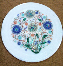 9&quot; White Marble Round Dish Plate Micro Mosaic Inlay Marquetry Gems Decor... - £282.77 GBP