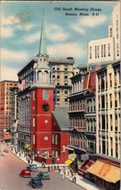 1945 Old South Meeting House Flag Cars People Street Boston Mass Linen Postcard - £5.58 GBP